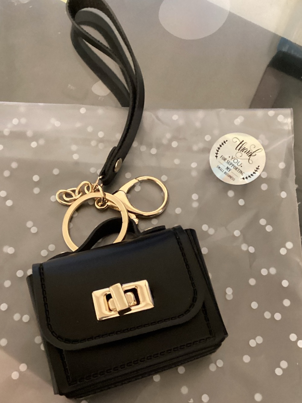 Black Mini Bag Keychain Wristlet with Gold Hardware